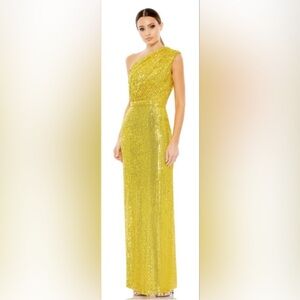 NWT Mac Duggal Yellow Sequined Ruched One Shoulder Gown - 26694
